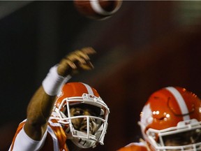 BC Lions' quarterback Jonathon Jennings throws the ball during second half CFL football action against the Calgary Stampeders in Calgary, Friday, July 29, 2016.