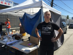 Russ Maynard, of the Portland Hotel Society pitched in at a makeshift safe injection site in Surrey today. The illegal site was set up by drug user support groups on 135A Street as a way to prevent overdoses.