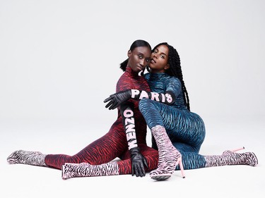 Amy Sall and Juliana Huxtable wear pieces from the KENZO x H&M collection.