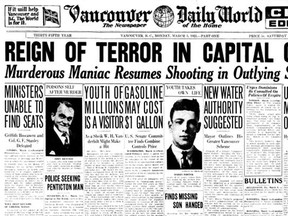 The March 5, 1923, front page from the Vancouver Daily World. The banner headline refers to public fear in Victoria after the murder of 20-year-old Lionel Lorenz.
