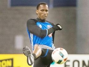 Montreal Impact striker Didier Drogba kicks a ball during a training session in Montreal on Tuesday, March 1, 2016.