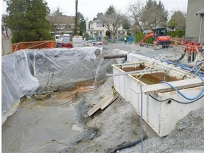 Nearly 2 million litres of fresh water spill each day from an accidental breach of a water aquifer at a house under construction at 7084 Beechwood Street in Vancouver.