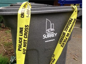 Crime tape in garbage can at the scene of April 5, 2016 shooting in Surrey in the 7700-block of 155 St