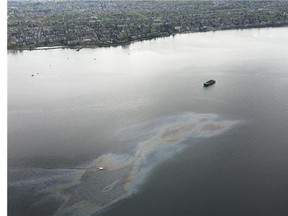The Coast Guard is on the scene of an oil spill in English Bay April 15, 2016.