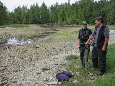 Parks Canada scientists Jennifer Yakimishyn and Marlow Pellatt examine a lagoon and salt marsh on one of the Broken Group of islands in Barkley Sound south of Ucluelet.