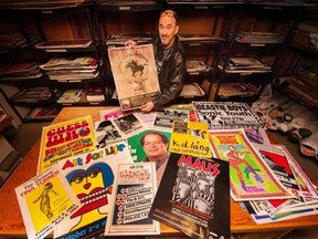 Perry Giguere has been putting up posters around the city since 1978. He now literally has thousands of music, theatre, art, movie and political posters.