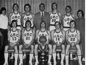 Point guard Ron Thorsen, holding the ball in the front row, was part of the UBC Thunderbirds’ 1971-72 Canadian university championship squad. Thorsen is the only UBC player to have ever been drafted by the NBA. Directly behind Thorsen is head coach Peter Mullins.