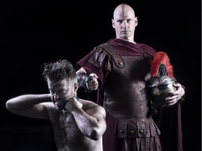 Sixteen actors, including Derick Meumier (left) and Yurij Kis (right), play multiple roles in Howard Brenton's The Romans in Britain.