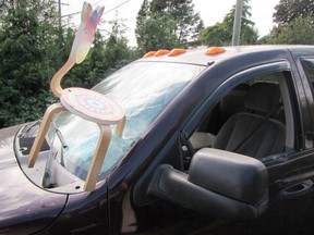 A child’s chair was thrown through a pickup truck’s front window during the fracas on Ayre Road in Sooke.