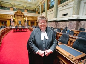 Speaker Linda Reid, shown in the house of the B.C. legislature in Victoria, said Thursday, ‘I can tell all members that the conduct in this house today is absolutely appalling.’