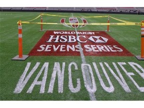 The paint dries on a B.C. Place Stadium field logo in advance of the inaugural Canada Sevens rugby tournament this weekend at the stadium in Vancouver, Thursday, March10, 2016. THE CANADIAN PRESS/Neil Davidson