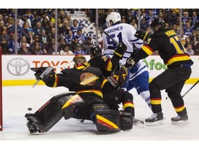 In one of the lowlights this season, Ryan Miller of the Canucks loses his balance while trying to stop Mark Arcobello of the Leafs from scoring a goal on February, 13, 2016.