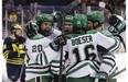 Brock Boeser joins in another North Dakota goal celebration en route to Frozen Four.