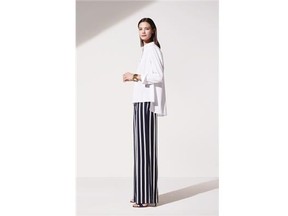Striped wide leg trousers and a crisp white blouse, by Ann Taylor.