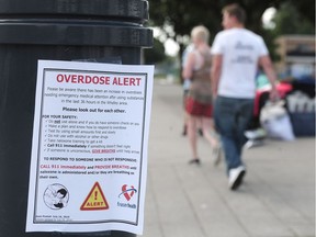 A warning notice has been put up on 135A Street in Whalley on Sunday. There have been 36 drug overdoses in the community over the weekend, with fentanyl now being seen in crack cocaine.