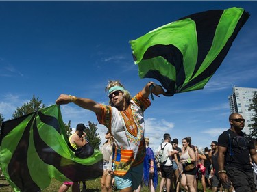 A man in costume dances at FVDED in the PARK at Holland park in Surrey on July 2, 2016.