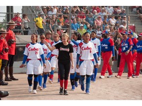 The Cuban softball team arrives at the women's world championship at Softball City in Surrey last week.