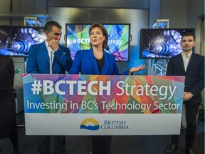 Premier Christy Clark and Technology Minister Amrik Virk make a B.C. Tech strategy announcement at Mobify in Vancouver on Dec. 8, 2015.