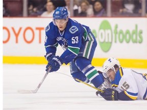 Vancouver Canucks’ Bo Horvat chases the puck against St. Louis Blues’ Robby Fabbri during Saturday’s 3-0 loss at Rogers Arena. Horvat says the Canucks younger players have to learn to fight through the fatigue of a long season and learn to maintain maximum effort.