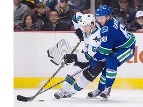 Vancouver Canucks #60 Markus Granlund shadows San Jose Sharks #50 Chris Tierney in there second period of a regular season NHL hockey game at Rogers arena, March 29 2016.