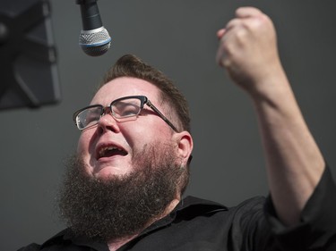 Shane Koyczan &The Short Story Long performs on the main stage at the 39th annual Folk Music Festival at Jericho Beach, Vancouver, July 16 2016.