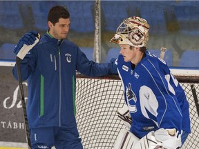 Dan Cloutier with prospect Thatcher Demko during 2014 Vancouver Canucks Summer Development Camp at UBC.