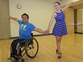 Wheelchair dancer Vince Preap and dance partner Cadi Fortes. June 24 2016, Photo by Francis Georgian, Reporter Jenny Lee, Location UBC. [PNG Merlin Archive]