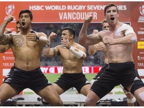 New Zealand players perform the haka after defeating South Africa during the World Rugby Sevens Series’ Canada Sevens Cup final, in Vancouver on Sunday.