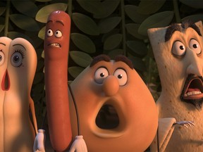 This image released by Sony Pictures shows, from left, Brenda, voiced by Kristen Wiig, Frank, voiced by Seth Rogen, Sammy, voiced by Ed Norton and Lavash, voiced by David Krumholtz in a scene from, "Sausage Party." (Columbia, Sony Pictures via AP) ORG XMIT: NYET151