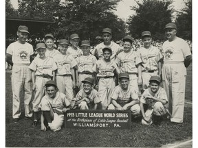 1953 Little League World Series team from British Columbia, Vancouver's Jaycee Nats. Print found in a dumpster in Gastown. Bottom row, L-R: Keith Watson, Murry Carle, Roy Archer, Larry Malinousky. Middle row: Bob Elliot, George Munro, Jim Olafson, Wayne Dooks, Bill Douglas, George Lowry, coach Jack Barberie. Top row: coach Andy Dairon, Brian McAloney, Woody Pollock, Dave Broad. Vanucci Foto Services/Williamsport Pennsylvania.