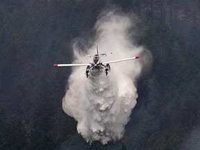 A wildfire on the west side of Okanagan Lake, about 10 kilometres north of West Kelowna, has forced the evacuation of 156 properties. A water bomber drops water on a hillside in West Kelowna, Friday, July, 18, 2014 in this file photo.
