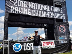 Andrew Meyer poses for a photo at the 2016 National Drone Racing Chapionship in New York in this August, 2016 handout photo. Andrew Meyer says he's chasing the future as he travels the world racing drones. The 26-year-old university student from Port Alberni, B.C., says he's essentially grounded his education to fly drones in competitions in Korea, Dubai and Hawaii.
