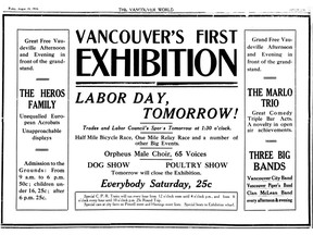 Aug. 19, 1910 ad in the Vancouver World for the first Vancouver Exhibition.