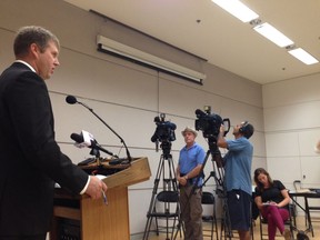 Then B.C. Conservative leader Dan Brooks addresses media in August 2014. Brooks stood down in January but intends to run for leadership again in September.