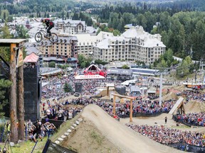 Look up; look wayyy up: Brandon Semenuk performs an opposite truckdriver at the Red Bull Joyride in Whistler on Aug. 16, 2015. He's back in Whistler this weekend as part of Crankworx.