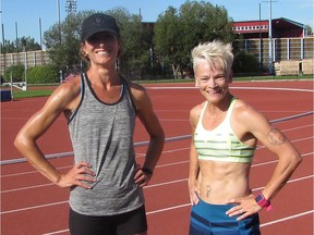 Larissa MacMillan (left) and Shari Boyle practise at the Foothills Track in Calgary. They are members of a 4x800 women's relay team entered in the 40-45 year old age category at the Americas Masters Games, which will be held in Vancouver Aug. 26-Sept. 4. They and their teammates are aiming to set a masters world record.