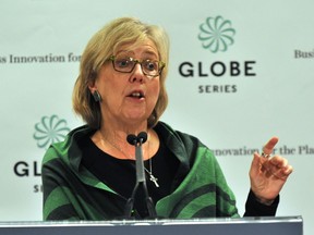 Federal Green Party leader Elizabeth May talks to reporters at the GLOBE 2016 sustainability conference in Vancouver last March.