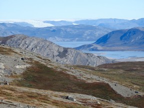 Even though it's only mid-August and temperatures are in the mid-teens in Kangerlussuag, Greenland during the daytime, the leaves on the small, Arctic plants are already starting to turn colour. In the background, is the edge of Greenland's ice sheet which at points is an estimated 3.6 kilometres deep.