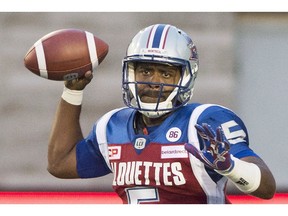 Montreal Alouettes quarterback Kevin Glenn throws a pass during first half CFL football action against the Saskatchewan Roughriders in Montreal, Friday, July 29, 2016. Glenn says playing three games in 11 days can be looked at either as a burden or an opportunity for the Alouettes.