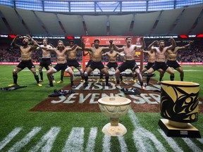 New Zealand players perform the haka after defeating South Africa during the World Rugby Sevens Series in Vancouver. The upcoming tournament in March has already been sold out.