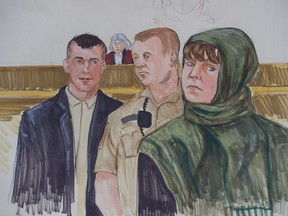 B.C. Supreme Court justice Catherine Bruce (behind bench) oversaw the lengthy terrorism trial of John Nuttall (left) and Amanda Korody.