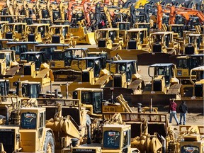 Ranks of heavy equipment up for sale at a Ritchie Bros. auction in Edmonton in May.