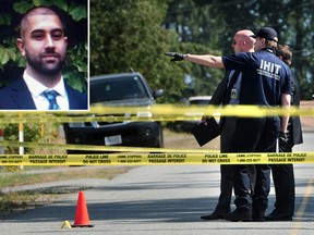 Surrey RCMP and the Integrated Homicide Investigation Team (IHIT) attend the murder scene of Sean Christopher Kelly (inset).