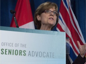 Seniors Advocate Isobel Mackenzie addresses a gathering in Vancouver, B.C. Thursday, May, 21, 2015.