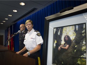 Surrey  B.C. August 22, 2016   Insp. Donna Richardson, Officer in Charge, Provincial Unsolved Homicide Unit, and Insp. Ted De Jager, (left)  Officer in Charge, Mission RCMP Detachment speak to media on the charges laid in the death of Joshua Bowe,  a 21 year old initially missing in 2010.    Mark van Manen/ PNG Staff photographer   see Jennifer Saltman Province /Vancouver Sun/  News Medical/stories  and Web.  00044451A [PNG Merlin Archive]
