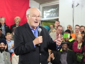 Former B.C. Premier Mike Harcourt, shown on the campaign hustings last October in support of the federal NDP in last year’s national election, is delighted that Prime Minister Justin Trudeau’s government will work to legalize marijuana.