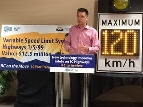 Transportation Minister Todd Stone announces activation of variable speed limit signs on three stretches of B.C. HIghway that are notorious for fast-changing weather conditions and crashes.