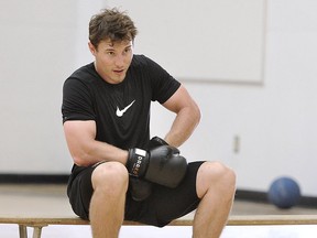 Montreal Canadiens forward Brendan Gallagher takes a break during an off-season workout with his father Ian at South Delta Secondary School.