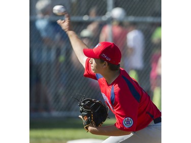 Hastings Community Little League # 19 Nicola Barba pitches against Alberta's Southwest Little league in a semi final game at the Canadian Little League Championships, Vancouver, August 12 2016.