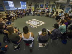 Teachers discuss classroom discipline during a circle discussion at Minnekhada Middle School in Port Coquitlam. Teachers are learning how to use restorative justice for classroom discipline.